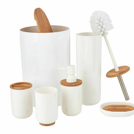 Set da Bagno 6pz Legno Bambù e Plastica Porta Sapone Spazzolino Pattumiera