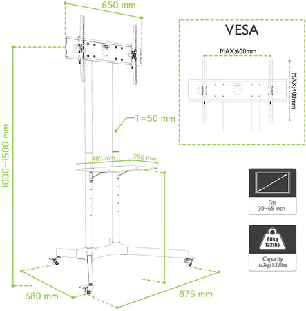 Carrello Supporto Pavimento Porta TV LCD/LED/Plasma 30''-65'' Mensola