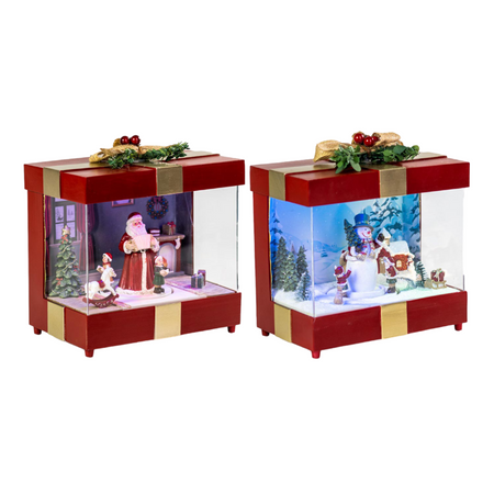 Scena animata pacco regalo con led e musica per villaggio di Natale h 21 cm