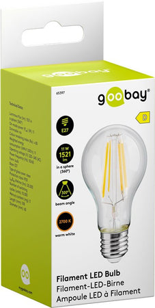 Lampadina LED E27 Bianco Caldo 11W Trasparente con Filamento, Classe D