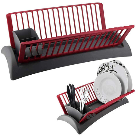 Scolapiatti Cucina in Plastica Cola Piatti e Scola Posate 46x26x14cm Rosso
