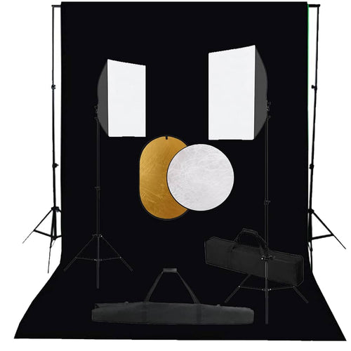 Kit Studio Fotografico con Luci Ombrelli Argento Bianco Fondale Nero e Riflettore