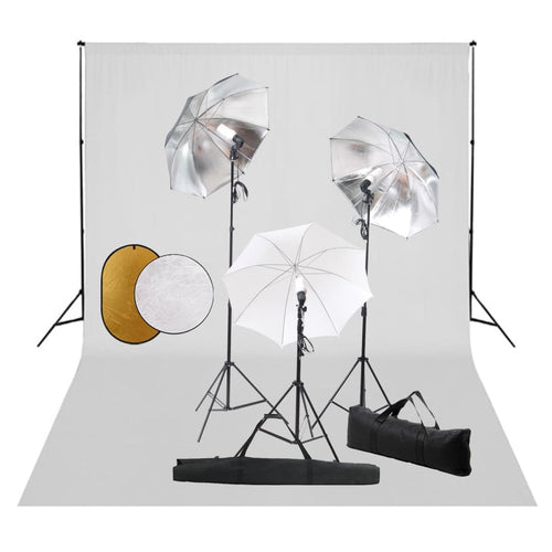 Set Completo per Studio Fotografico con Ombrelli Luci Fondale Bianco e Riflettore