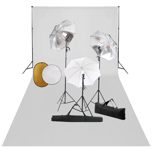Set Completo per Studio Fotografico con Ombrelli Luci Fondale Bianco e Riflettore