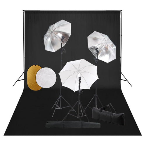 Kit Studio Fotografico con Luci Ombrelli Argento Bianco Fondale Nero Riflettore