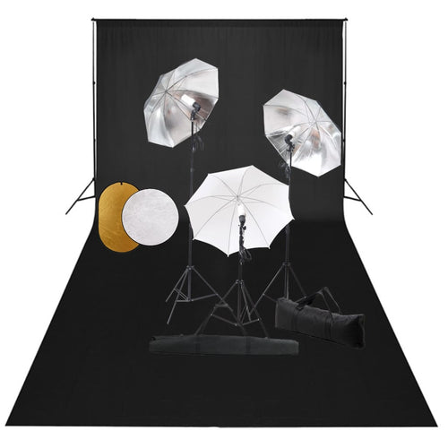 Kit Studio Fotografico Luci Ombrelli Argento Bianco Fondale Nero e Riflettore