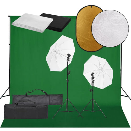 Kit Studio Fotografico con Set Luci Ombrelli Fondali Verde Bianco Nero e Riflettore