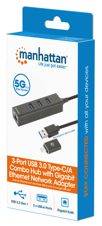 Hub USB 3.0 3 Porte Combo Type-C/A con Adattatore di Rete Gigabit