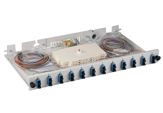 Cassetto Ottico 19'' Assemblato con 12 Bussole e 24 Pigtails SC Duplex Monomodale OS2