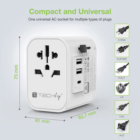 Adattatore da Viaggio Universale 150 Paesi 2 porte USB-A e 1 porta USB-C&trade Bianco