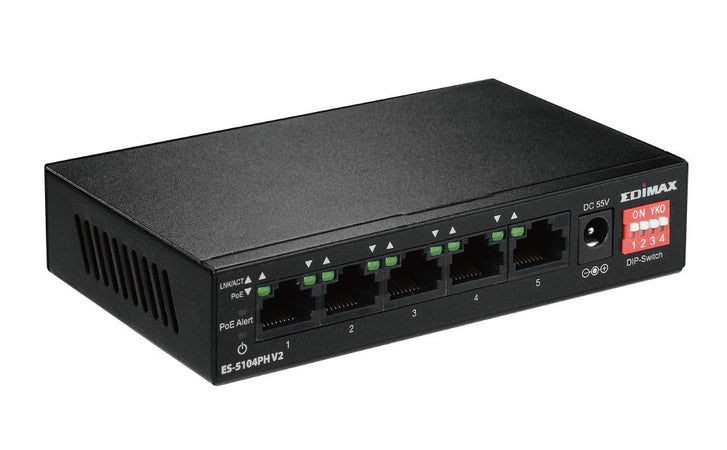 Switch 5 Porte Fast Ethernet a Lungo Raggio con 4 porte PoE+ e Switch DIP, ES-5104PH V2