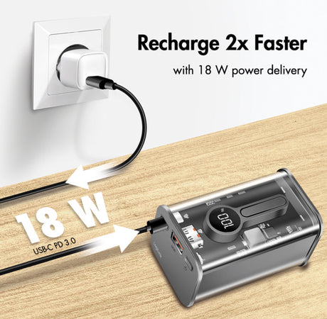Power Bank 10000 mAh 1x USB-A 1x USB-C&trade con Display PD & QC Trasparente