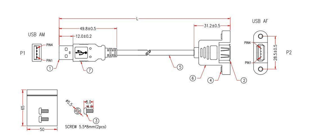 Cavo USB 2.0 A Maschio/A Femmina da Pannello 1,8 m