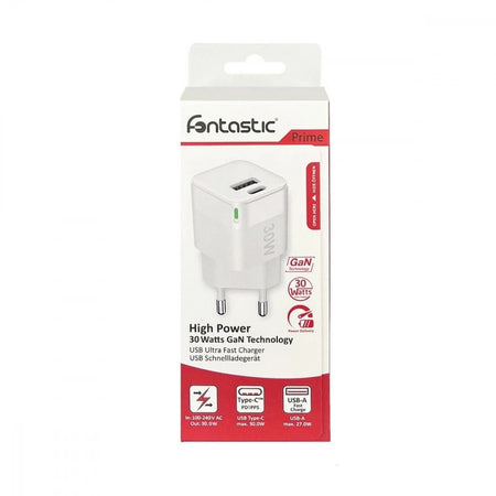 Caricabatterie GaN USB-A e USB-C&trade Power Delivery 30W Ricarica Rapida Bianco
