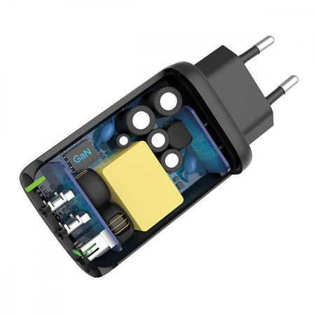 Caricabatterie GaN USB-A e 2 porte USB-C&trade Power Delivery 65W Ricarica Rapida Nero