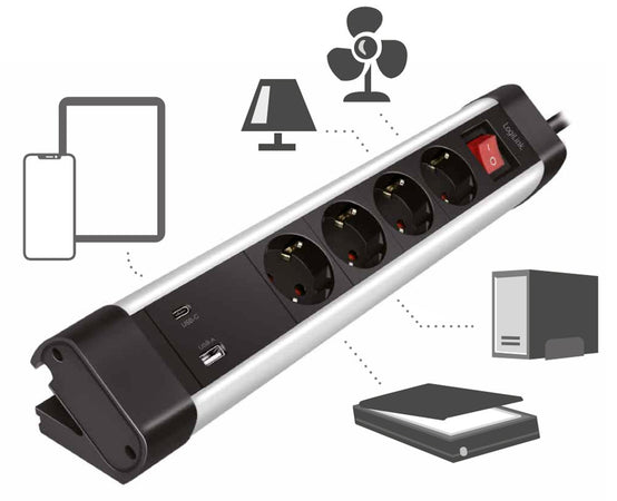 Presa Multipla a 4 vie con Presa USB-C&trade PD e USB-A QC per la Ricarica Veloce