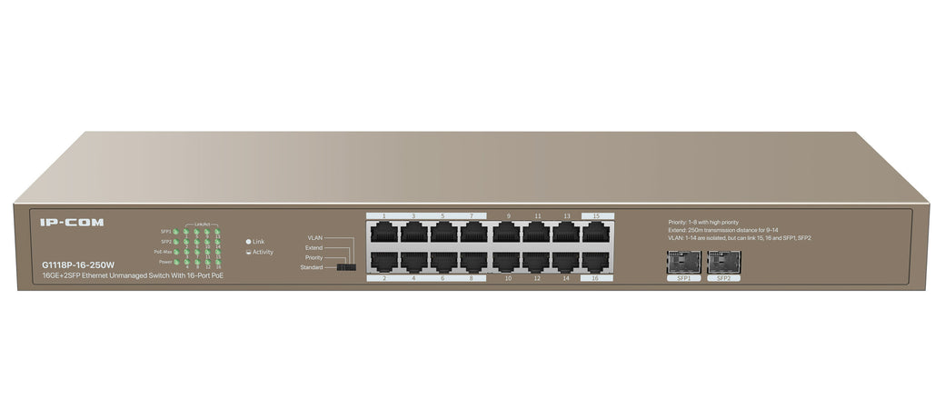Unmanaged Switch Ethernet 16 Porte PoE 16GE+2SFP G1118P-16-250W