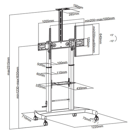 Supporto a pavimento per TV con regolazione manuale altezza, in acciaio, per TV da 60'' a 100''