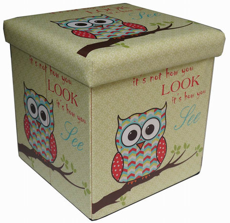 Biscottini Pouf contenitore richiudibile in ecopelle gufo Praticissimo 32x32x32 realizzato