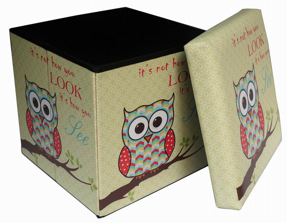 Biscottini Pouf contenitore richiudibile in ecopelle gufo Praticissimo 32x32x32 realizzato