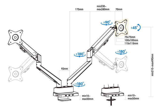 Supporto da Scrivania Doppio Monitor 17-32'' con Molla a Gas e Docking Station 8-in-1