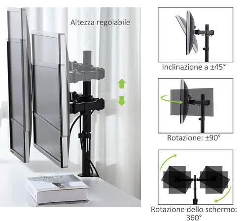 Supporto da Scrivania per 2 Monitor 13-27'' Diametro 48 mm ad Altezza Regolabile con Morsetto a C