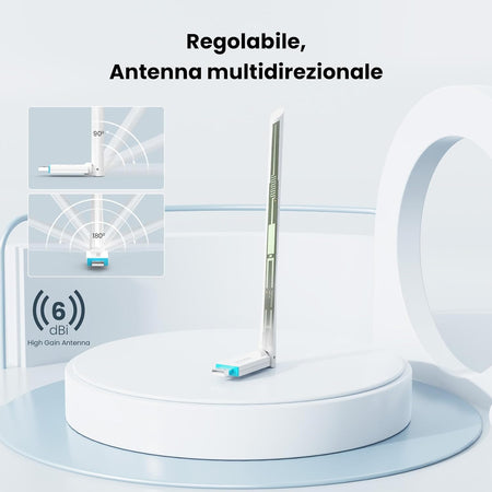 Adattatore USB Wireless Wi-Fi 6 ad Alto Guadagno 2.4G/286Mbps, U2 V5.0