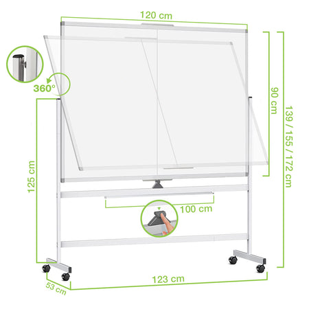 Lavagna Magnetica Bifacciale 90x120 cm con Ruote e Mensola per Pennarelli con Ganci Portablocco