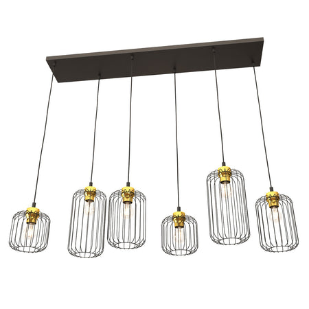 Sospensione Minimal Industrial Vander 6 Luci Lineari Nera E Oro