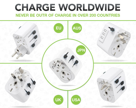 Adattatore da Viaggio Universale 150 Paesi 3 porte USB tipo A Bianco