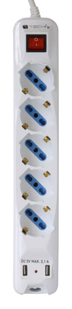 Multipresa 5 Posti Italiana Bipasso con 2 Prese USB