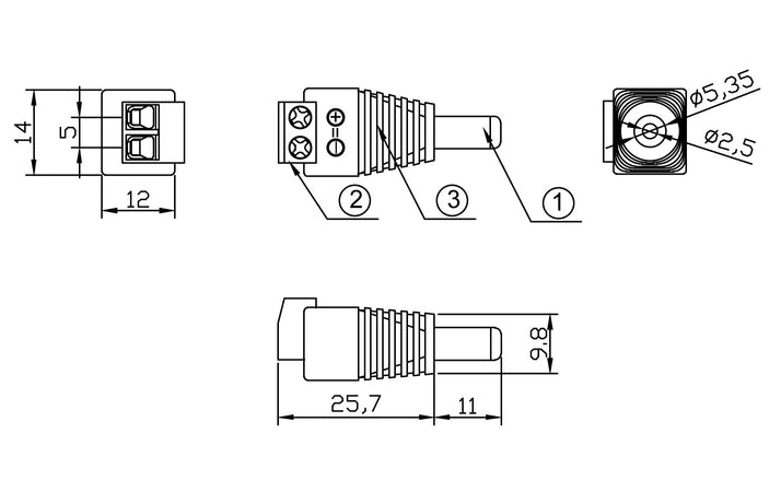 Adattatore Alimentazione Plug DC 2.5x5.5mm Maschio Terminal Block 2 pin