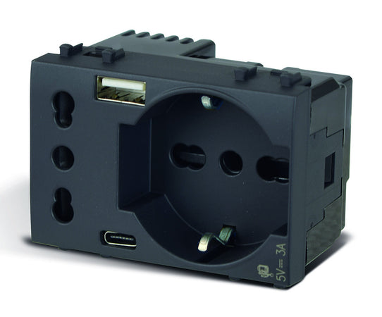 Tekla S44 Presa Schuko Presa Italiana USB-A e USB-C&trade 2P+T 10/16A 250V 3 Moduli Grigio Opaco, 44509015USB