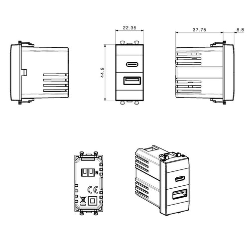 Tekla S44 Caricatore USB-A e USB-C&trade 3A 230V Grigio Opaco, 445082USBAC