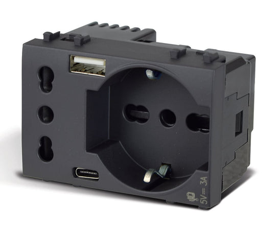 Tekla S44 Presa Schuko Presa Italiana USB-A e USB-C&trade 2P+T 10/16A 250V 3 Moduli Grigio Opaco, 44509015USB