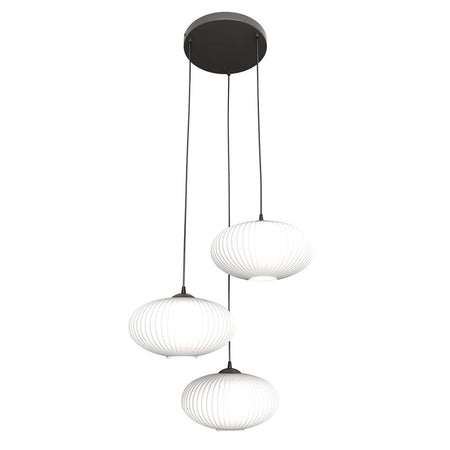 Lampadario 3 Luci Coco Base Tonda In Acciaio Nero Paralume Plissettato Bianco