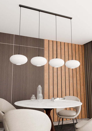 Lampadario 4 Luci Coco In Acciaio Nero Paralume Plissettato Bianco