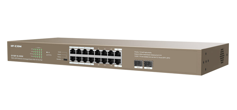 Unmanaged Switch Ethernet 16 Porte PoE 16GE+2SFP G1118P-16-250W