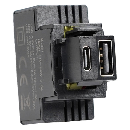 Alimentatore Compatto da Incasso Keystone USB-A e USB-C&trade 20W 5-12V Nero