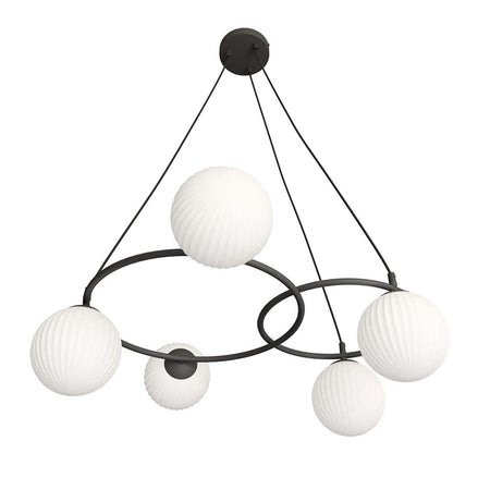 Lampadario 5 Luci Libra A Cerchi E Diffusori In Vetro Rigato Opale
