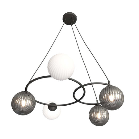 Lampadario 5 Luci Libra A Cerchi E Diffusori In Vetro Rigato Opale E Fumè