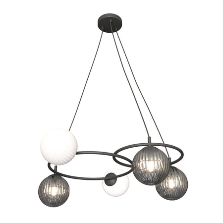 Lampadario 5 Luci Libra A Cerchi E Diffusori In Vetro Rigato Opale E Fumè