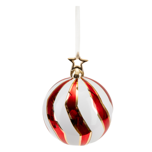 Pallina in vetro colore rosso e bianco con stella per albero di Natale