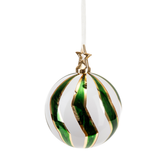 Pallina in vetro colore verde e bianco con stella per albero di Natale