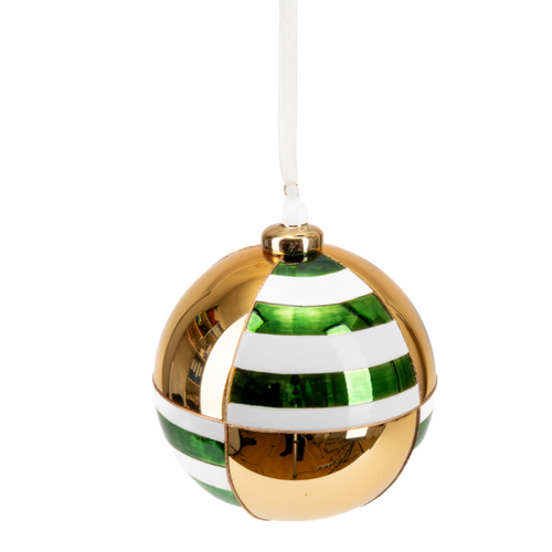 Pallina in vetro colore verde e bianco a fasce per albero di Natale