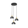 Lampadario 3 Luci Moto Base Tonda In Acciaio Nero E Oro Diffusori A Cupola