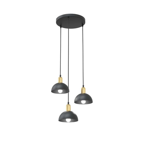 Lampadario 3 Luci Moto Base Tonda In Acciaio Nero E Oro Diffusori A Cupola