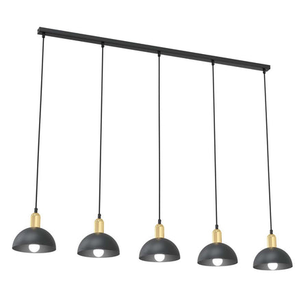 Lampadario 5 Luci Moto In Acciaio Nero E Oro Diffusori A Cupola