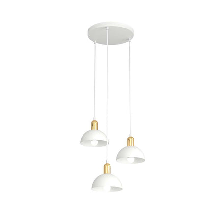 Lampadario 3 Luci Moto Base Tonda In Acciaio Bianco E Oro Diffusori A Cupola