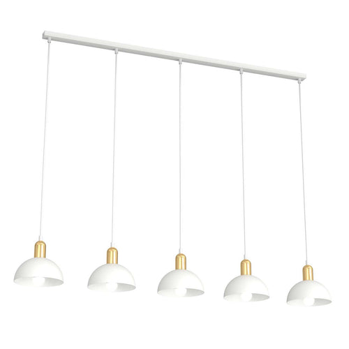 Lampadario 5 Luci Moto In Acciaio Bianco E Oro Diffusori A Cupola